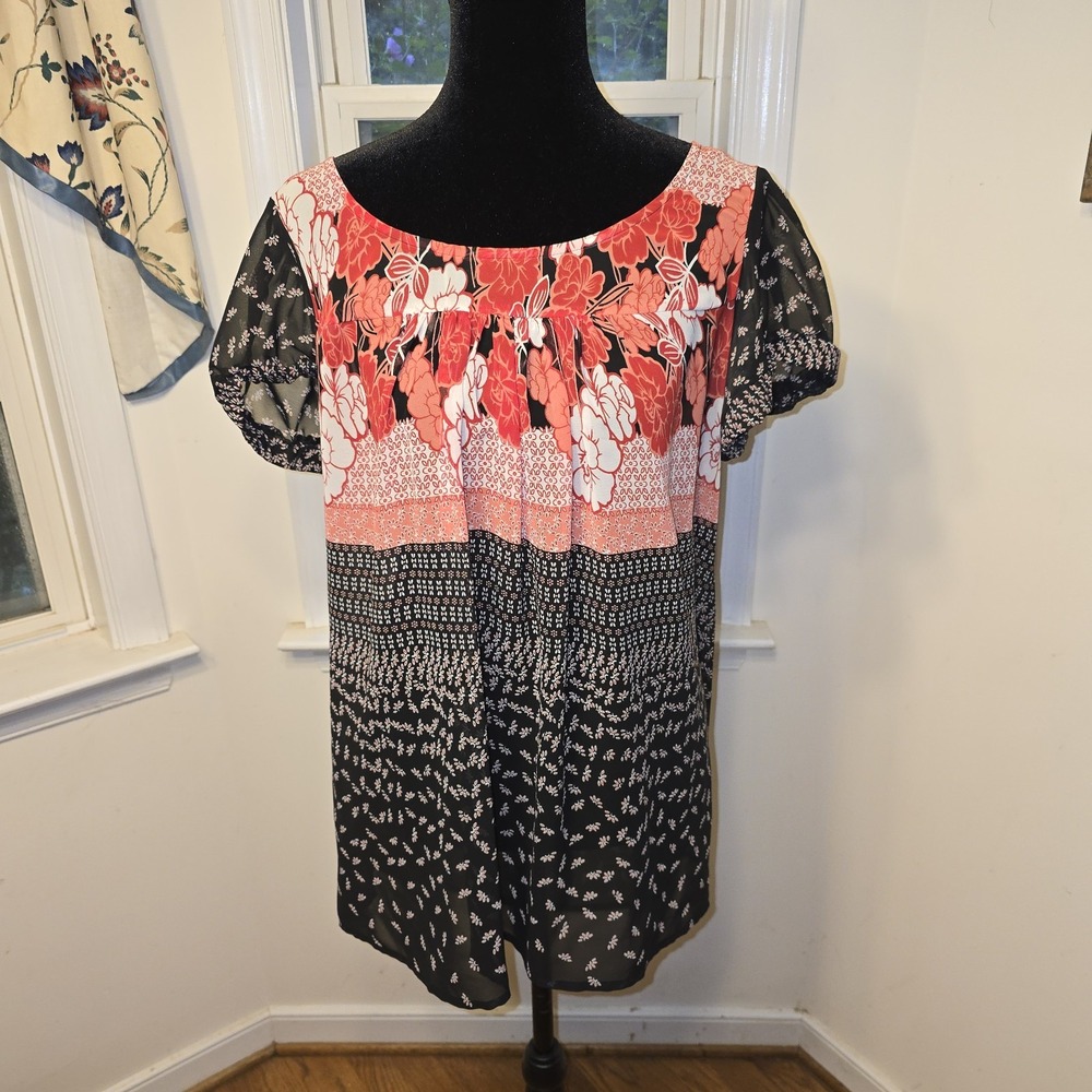 Venezia‎ Floral Print Sheer Sleeve Tunic Top Black Red White Womens Sz 14/16
